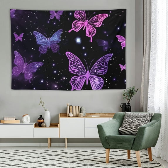 PRATYUS Butterfly Tapestry for Wall Decor,Fantasy Purple Butterflies Tapestries,Black Night Sky Wall Hanging Blanket for Bedroom Living Room Dorm Party Decorations 60x40 Inch 60x40in
