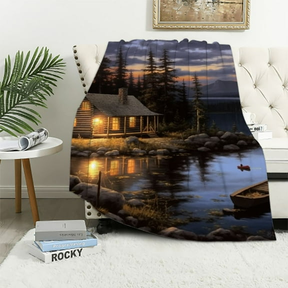 PRATYUS Cabin, Lake, Campfire Cozy Throw Blanket for Bedroom Living Rooms Sofa Couch All Seasons Flannel Material Blanket 40x50in