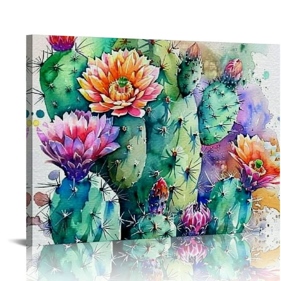 PRATYUS Cactus Wall Art Succulent Bathroom Decor Watercolor Green Plants Canvas Prints Pictures Colorful Spiny Flower Posters Botanical Paintings Mexican Artwork Home Decor 16x12in