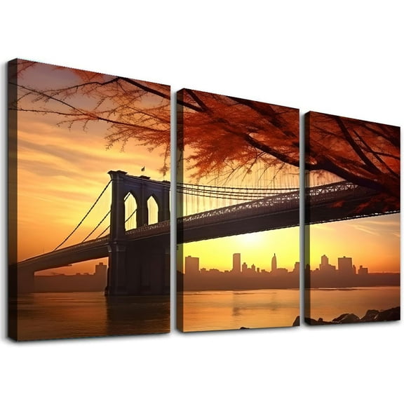 PRATYUS Canvas Print Fall Decor Construction Bridge Maple Leaf Wall Art 3 Piece Set 12x16x3pcs