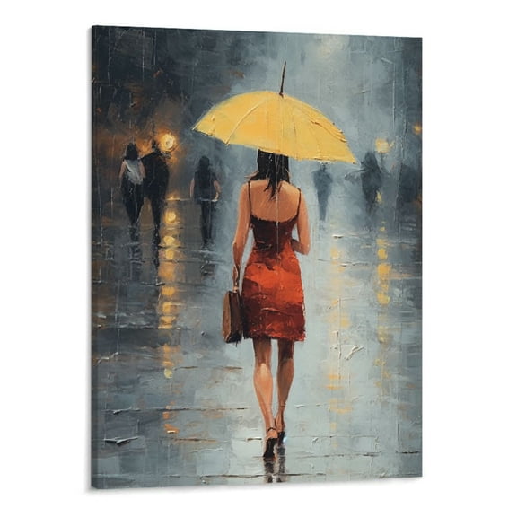 PRATYUS Canvas Print Fall Decor The Girl Walking in the Rain with Umbrella Wall Art 16x20in