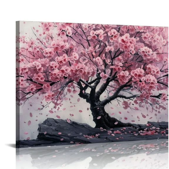 PRATYUS Canvas Prints Wall Art Decor: Pink Cherry Blossom Tree Pictures Nature Landscape Artwork for Living Room Framed Ready to Hang 16x12in