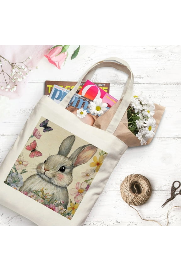 Canvas Shopper Bag Bunny Flowers Butterflies Lightweight Tote White