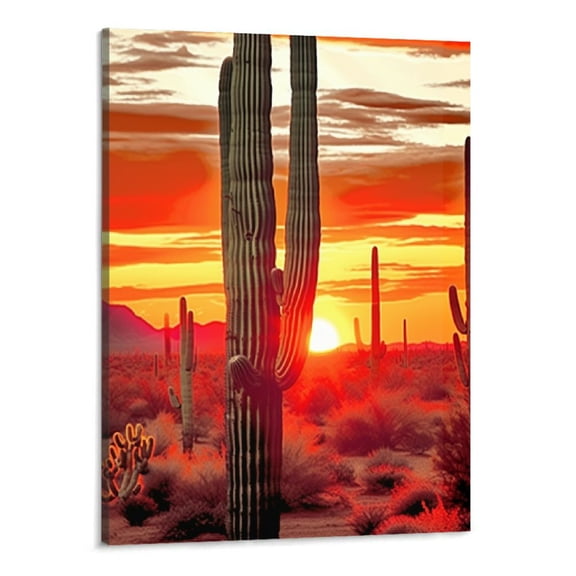 PRATYUS  Canvas Wall Art Amazing Sunset in Arizona Sonoran Desert Natural Landscape Painting Saguaro Cactus Pictures Canvas Print Southwest Decor for Home Living Room Bedroom-16x20inch