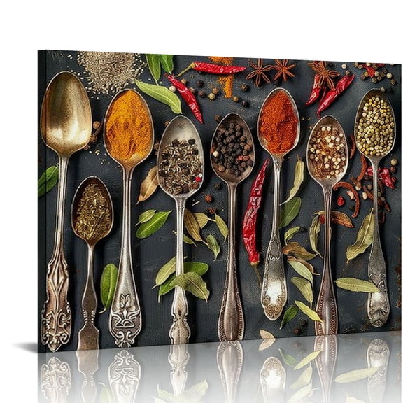 PRATYUS Canvas Wall Art Couful Spice in Spoon Vintage Picture Dining Room Canvas Painting for Home Wall Decor, Spices Framed Artwork for Kitchen Restaurant Wall Decoration Ready to Hang