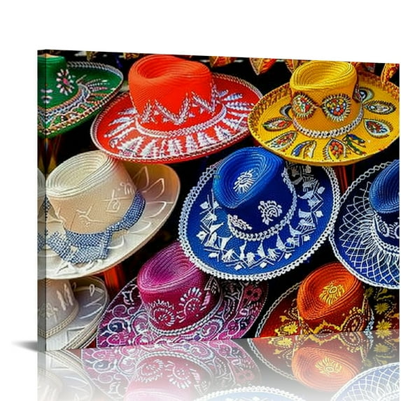 PRATYUS  Canvas Wall Art Day of the Dead Colorful Skulls and Mexican Sombreros Mexico Food Prints Home Decor Living Room Ready to Hang Each 20x16in