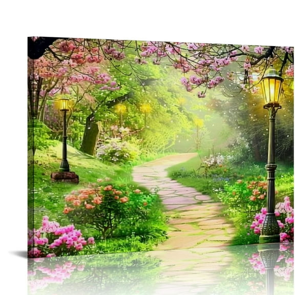 PRATYUS Canvas Wall Art Painting Cherry Blossoms Park Tree Forest Wallpaper Spring landscape Picture Poster Print Framed and Stretched Ready to Hang for Living Room Artwork 16x12in