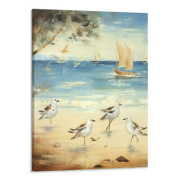 PRATYUS Canvas Wall Art Picture 16x20in for Living Room Bedroom Fall Decor Beach Painting Style Seabirds Ready to Hang 16x20in
