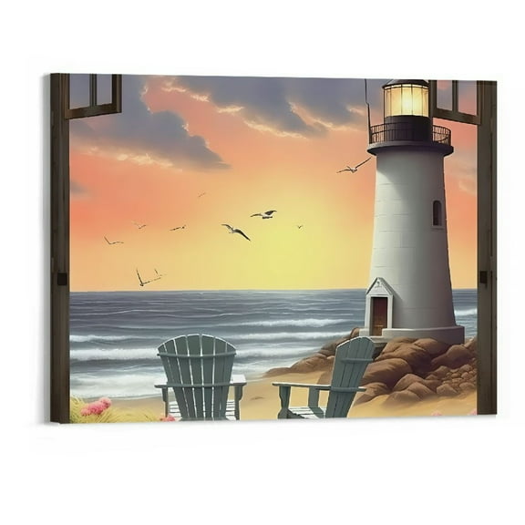 PRATYUS Canvas Wall Art Picture 20x16in for Living Room Bedroom Fall Decor Beach Lighthouse Art Modern 20x16in
