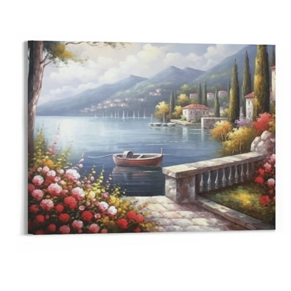 PRATYUS Canvas Wall Art Picture 20x16in for Living Room Bedroom Fall Decor Town Oil Painting Coast Flowers for Home Office Decor 20x16in