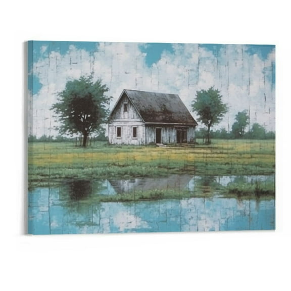 PRATYUS Canvas Wall Art Picture 20x16in for Living Room Bedroom Ready to Hang Fall Decor Log Cabin 20x16in