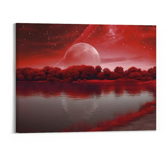 PRATYUS Canvas Wall Art Picture 20x16in for Living Room Bedroom Red Lake And Red Landscape Of Trees Under Starry Sky 20x16in