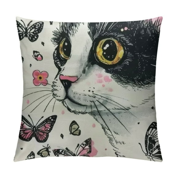 PRATYUS Cartoon Rabbits Cheetah Pillow Cover,Girly Jungle Animals Pink Butterflies Silhouette Cushion Cover for Couch Sofa,Cute Rabbit Hand Drawn Hearts Pillowcase for Kids Adults White