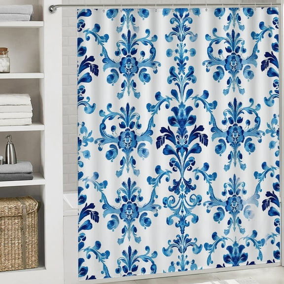 PRATYUS Ceramic Tile Indigo Portuguese Bathroom Shower Curtain Waterproof Polyester 70.8x70.8 Inches White