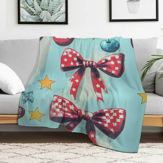 PRATYUS Cherry Ribbon American Independence Day Throw Blanket Soft Cozy Flannel Blankets Decorative Lightweight Warm Blankets & Throws for Couch Bed Sofa Chair 50x60in