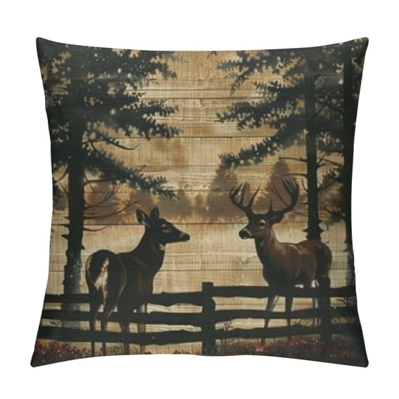 PRATYUS Christmas Deer Throw Pillow Cover Vintage Lodge Cabin American Flag Pillow Cover,Woodland Animals Wildlife Moose Elk Cushion Case Rustic Reindeer Pine Trees Farmhouse Decor 12x12in