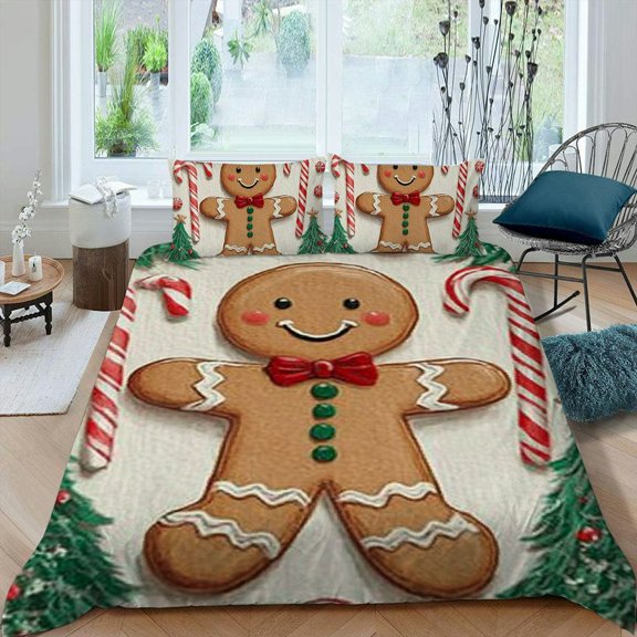 PRATYUS Christmas Gingerbread Man Candy Canes 3-Piece Bedding Set Modern Soft Microfiber Bedroom Decor High Quality Sleep 87x68in