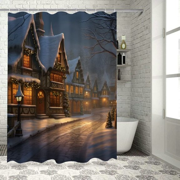 PRATYUS Christmas Tree Snow House Printed Shower Curtain Decor with Hooks, 100% Polyester Fabric, Chic Modern Bathroom Decor for Bathroom 36x72