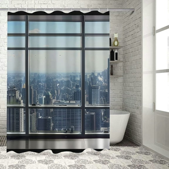 PRATYUS City Shower Curtain, Clean Office with Big Window Downtown Skyscraper Buildings Domestic Cityscape Art, Cloth Fabric Bathroom Decor Set with Hooks, Grey White