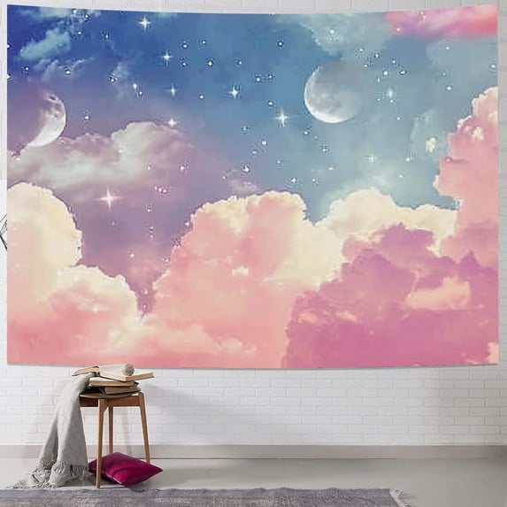 PRATYUS Cloud Moon Phase Tapestry, Pink and White Cloud with Moon and Stars Wall Tapestry for Bedroom, Pastel Beautiful Sky Wall Hanging Tapestry Wall Art for Living Room Dorm Decor 40x30inch