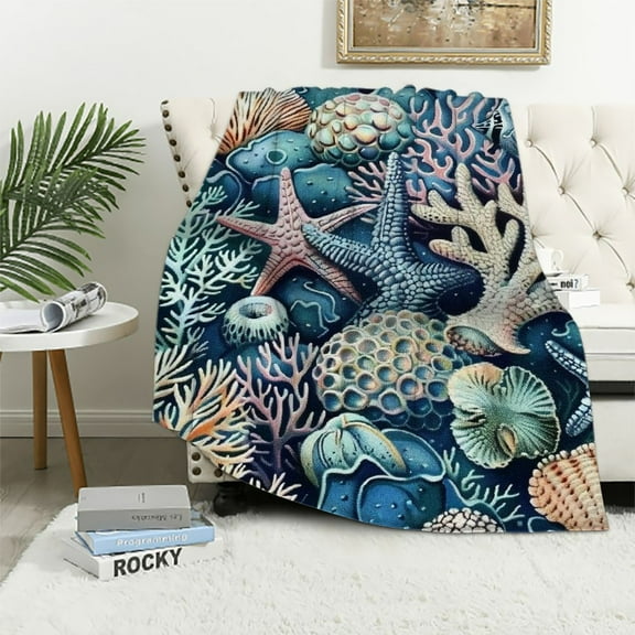 PRATYUS  Coastal Reef Feather Throw Blanket,Blue &amp; Coral - Coral Throw Blanket - Quilted Throw - Seahorse Blanket For Bed, Couch Or Chair - Beach &amp; Coastal Decor White