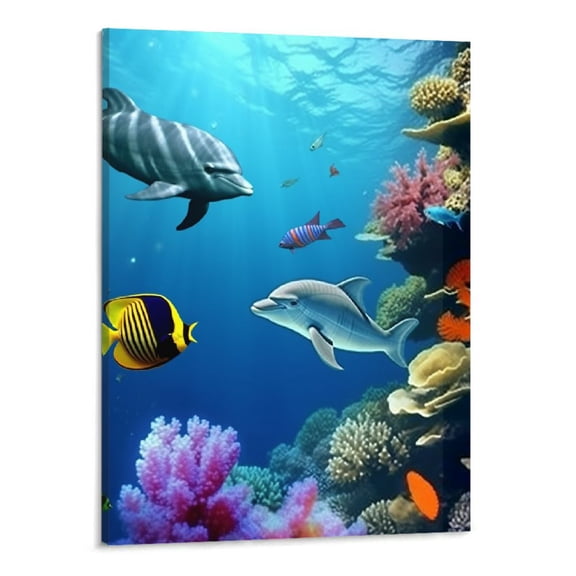 PRATYUS Colorful Fish Coral Dolphin Ocean Canvas Wall Art Picture 16x20in for Living Room Bedroom 16x20in