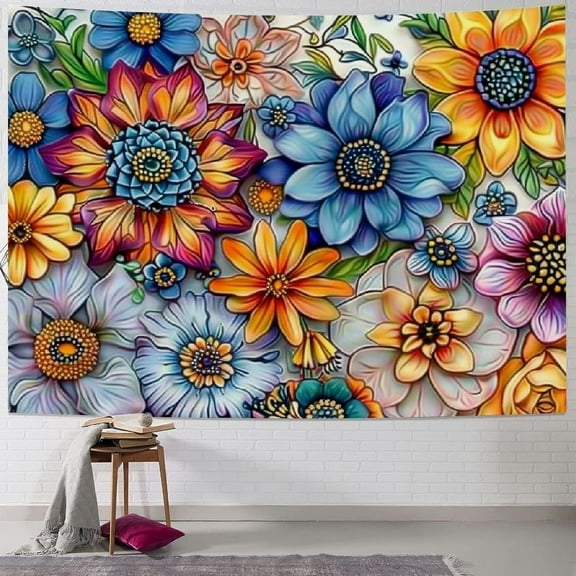 PRATYUS Colorful Floral Tapestry Wall hanging, Bright Boho Fabric Blossom Tapestries, Multi Color Tapestry for Bedroom Home Hippie Wall Decor 40x30inch