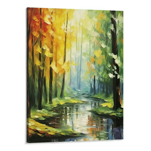 PRATYUS Colorful Landscape Oil Painting Wall Art Canvas Paintings Abstract Texture Rainbow Trees with Walking People Prints Pictures  Living Room Bedroom Artwork -16x20inch