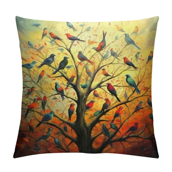 PRATYUS Colorful Tree Birds Pillow Covers, Multicolor Painted Summer Spring Decorative Pillow Cases Cushion Cover for Sofa Bed Couch Home Decor 22x22in