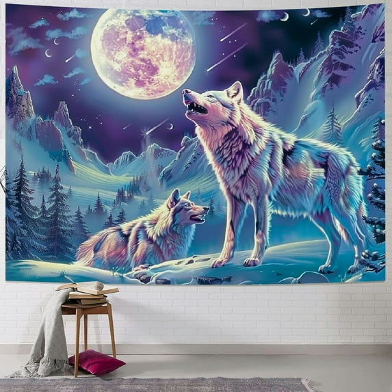 PRATYUS Cool Wolf Tapestry for Men, Fantasy Animals Psychedelic Moon Tapestry Wall Hanging for Boys Bedroom, Trippy Mountian Forest Tapestry Blanket College Dorm Home Decor Painting