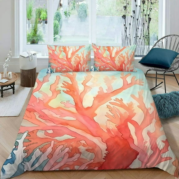 PRATYUS Coral Fish Underwater 3-Piece Bedding Set - Comfortable and Breathable Peach Skin Fabric - Bedroom; Guest Room 87x68in