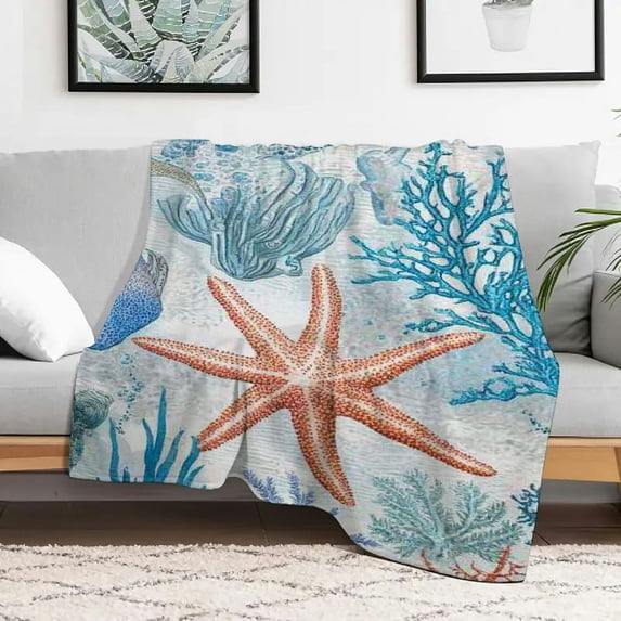 PRATYUS Corals Starfish Flannel Blanket for Couch Bed Sofa Lightweight Fuzzy Soft Cozy Multifunctional Travel Camping Chair All Season Gift Blanket 40x50in