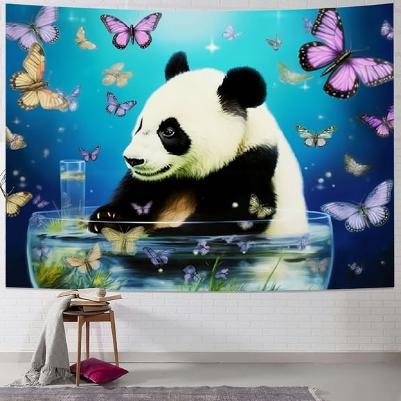 PRATYUS Cute Panda Tapestry Wall Hanging Cartoon Panda Bear Wall Blanket Galaxy Butterflies Print Tapestry For Kids Adults Lovely Animals Wall Art Decor for Bedroom Living Room 40x60inch