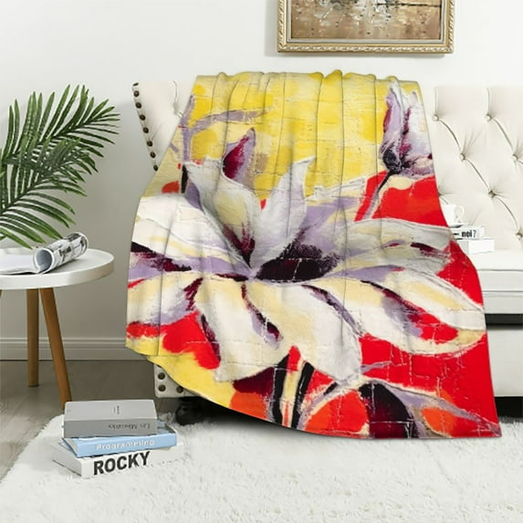 PRATYUS DaDa Bedding Yellow Floral Lap Quilt - Quilted Throw Blanket - Hummingbirds Farmhouse Red Flowers for Couch, Sofa or Bed- Scalloped Edges Bright Vibrant for Biophilic Design 50x60in
