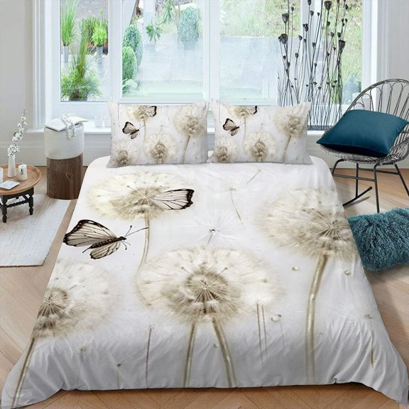 PRATYUS Dandelion Butterfly Snowflake 3-Piece Bedding Set (Single-Sided Print) Easy to Clean Peach Skin Fabric Bedroom Guest Room 87x68in