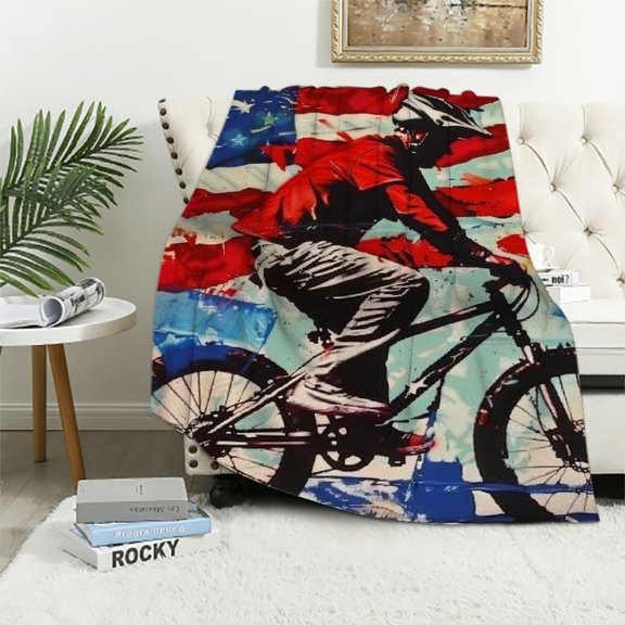 PRATYUS Dirt Bike Flannel Throw Blanket Kids,American Flag Extreme Sports Fuzzy Blanket for Bed Sofa Couch,All Season Racing Motocross Rider Bed Blanket Blanket Room Decor 40x50in