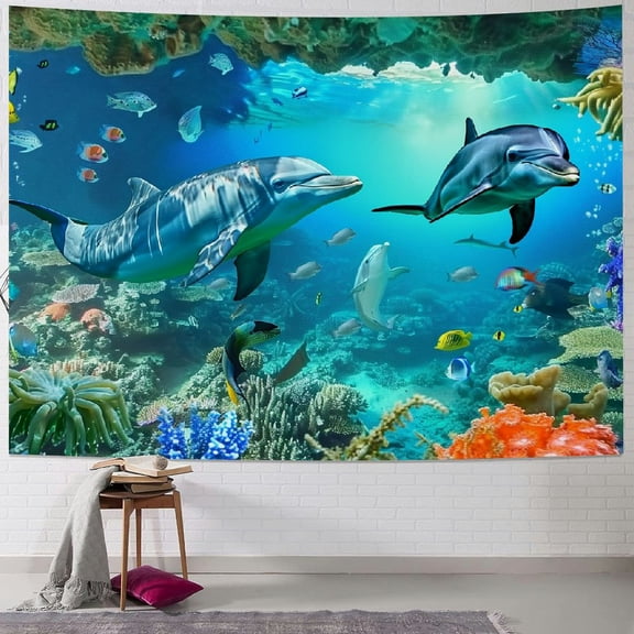 PRATYUS Dolphin Tapestry Tropical Fish and Coral Reef in Cave under Deep Sea Wall Hanging Ocean Tapestries for Kids Bedroom Living Room Dorm Birthday Party Wall Decor, Painting