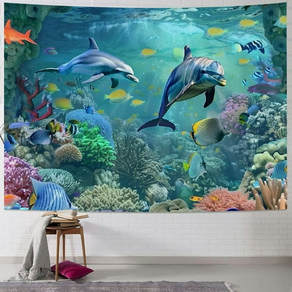 PRATYUS  Dolphin Tapestry Tropical Fish and Coral Reef in Cave Under Deep Sea Wall Hanging Ocean Tapestries for Kids Bedroom Living Room Dorm Birthday Party Wall Decor 40x60inch