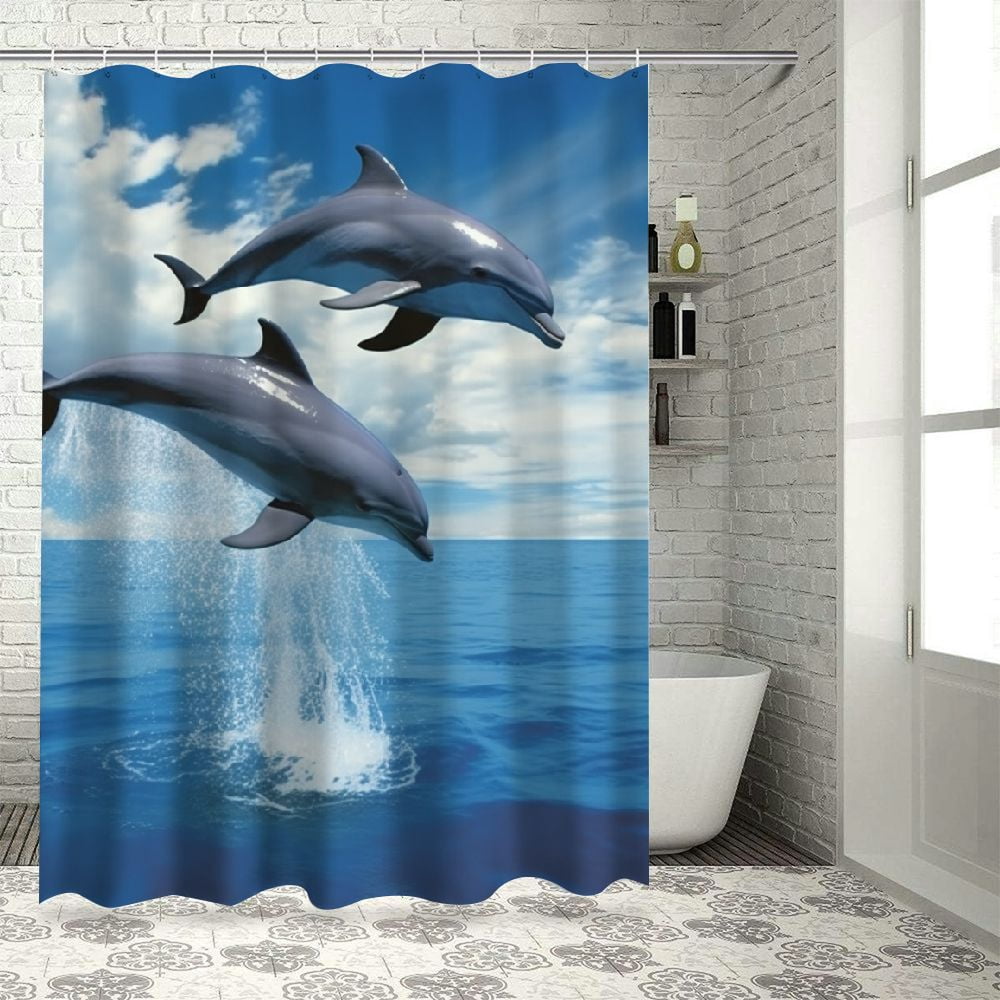PRATYUS Dolphins Ocean Rayonism Printed Shower Curtain Decor 100% Polyester Chic Modern Bathroom Decor with Hooks Home Bathtubs Bathroom Curtain Decoration 69x72