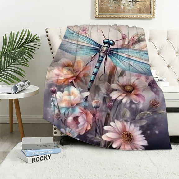 PRATYUS Dragonfly Flowers Wings Flannel Throw Blankets Cozy Soft Fuzzy Plush Home Decor All Seasons Comfort Pack of 1
