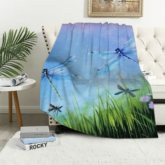 PRATYUS Dragonfly Grass Sky Flannel Throw Blanket for Sofa Couch, Cozy Travel Outdoor Blanket, All Seasons Soft Plush Blanket 50x60in