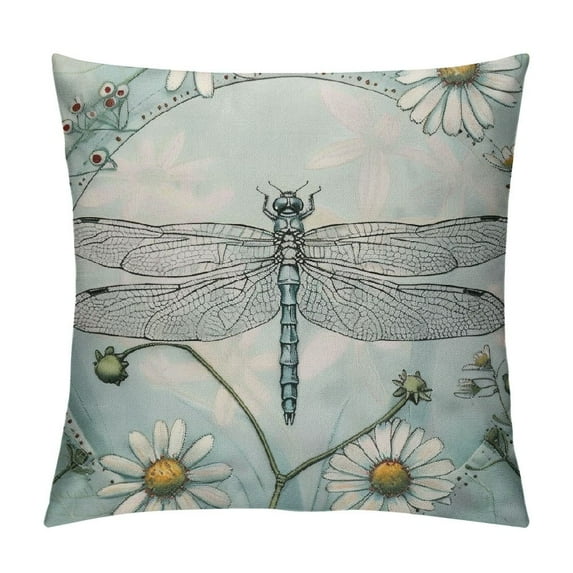 PRATYUS Dragonfly Throw Pillow Cushion Cover, Vintage Retro Farm Life Inspired Moth with Daisies Lilies Leaves Image, Decorative Square Accent Pillow Case, Lilac Green 18x18in