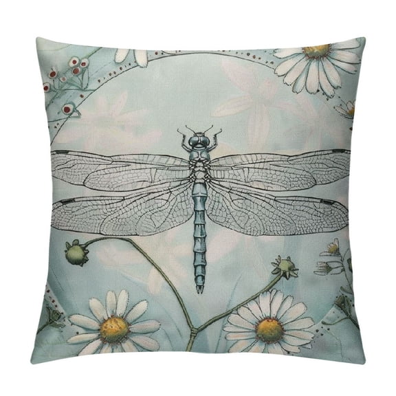PRATYUS  Dragonfly Throw Pillow Cushion Cover, Vintage Retro Farm Life Inspired Moth with Daisies Lilies Leaves Image, Decorative Square Accent Pillow Case, Lilac Green 18x18in
