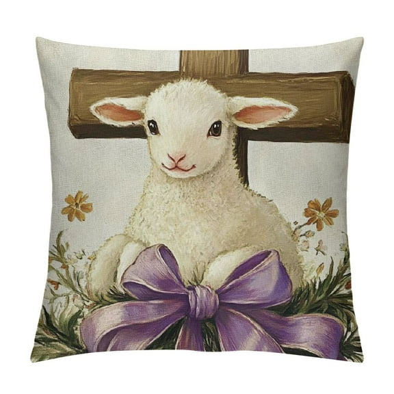 PRATYUS Easter Blessings Christian Decorative Throw Pillow Covers, Religious He is Risen Cross Church Porch Outdoor Home Decor, Spring Lamb Lily Flowers Couch Cushion Case 12x12in