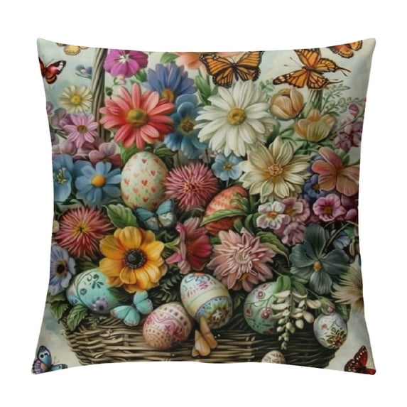 PRATYUS Easter Pillow Covers Easter Pillow Case Rabbit Bunnies with Eggs Canvas, Throw Pillow Covers Zippered Square White