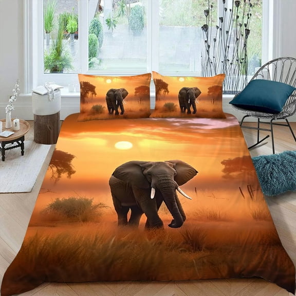 PRATYUS Elephant Sunset Field 3-Piece Bedding Set (Single-Sided Print) Comfortable and Breathable Peach Skin Fabric for Bedroom; Guest Room 87x68in