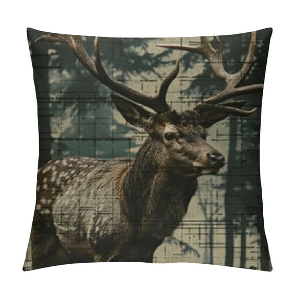 PRATYUS Elk Deer Throw Pillow Cover Rustic Pine Trees Pillow Cover for Boys,Woodland Animals Cushion Case Retro Brown Lodge Cabin Wildlife Reindeer Moose Paw Print Farmhouse Decor 18x18in