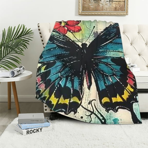 PRATYUS Enjoy The Little Things Soft Flannel Throw Blanket, Sketch of Spring with Butterflies Grunge Design Uplifting Phrase, Cozy for Indoor and Outdoor Use,Teal Pink 40x50in