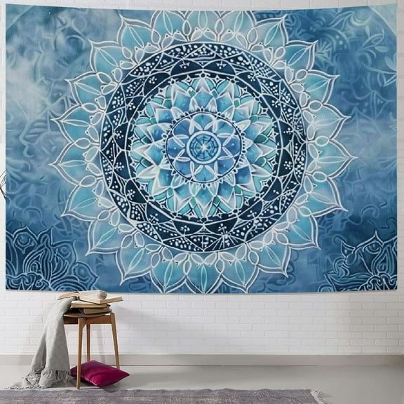 PRATYUS  Not Fade Machine Washable Mandala Tapestry Wall Hanging Trippy Hippie Bohemian Psychedelic Wall Tapestry for Bedroom Living Room, Blue White, Large Multi Size Painting