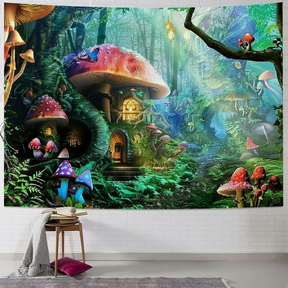 PRATYUS Fairy Tale Forest Tapestry Wall Hanging Mushroom Trees Wall Tapestry Spring Scenery Tapestry for Teen Girls Bedroom Living Room Dorm Party Decor Painting